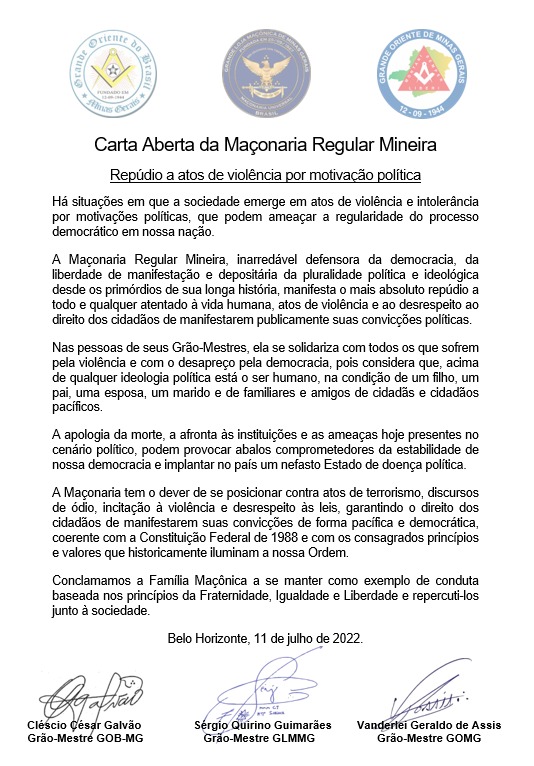 carta aberta à Maçonaria Regular Mineira