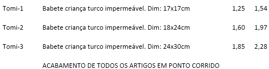 Tabela de babetes impermeáveis com motivo
