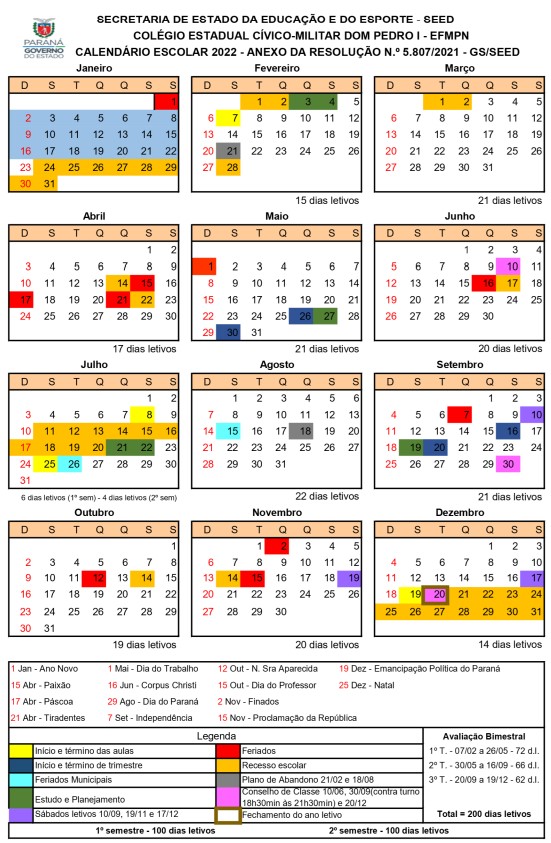 calendário escolar 2022 - D. Pedro I