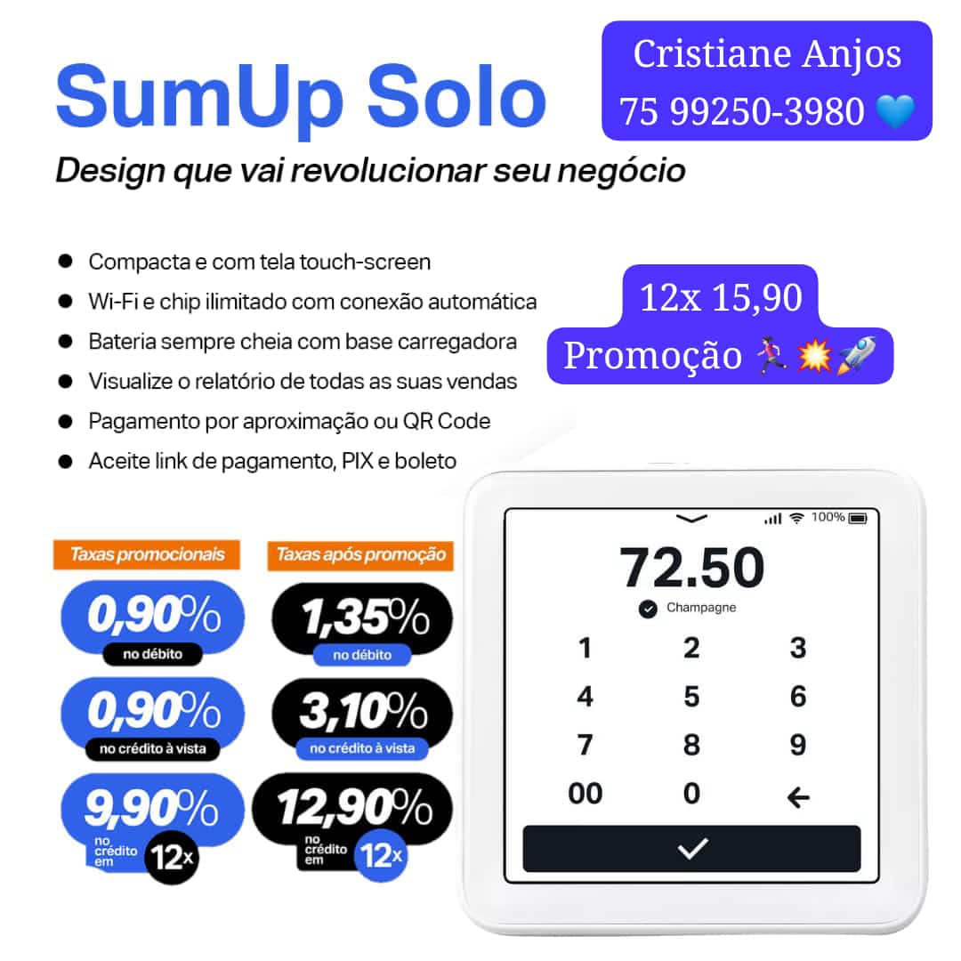 ✅Compacta e com tela touch-screen  ✅Wi-fi e chip ilimitado com conexão automática ✅Visualiza relatórios de vendas ✅Pagamento por aproximação.  Acesse 👇 sumup.com.br/cristianeanjos