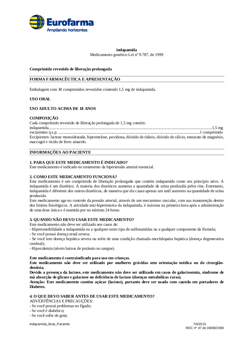 Este medicamento é um comprimido de liberação prolongada que contém indapamida como seu princípio ativo. A  indapamida é um diurético. A maioria dos diuréticos aumenta a quantidade de urina produzida pelos rins. Entretanto,  indapamida é diferente dos outros diuréticos, de maneira que ela causa apenas um sutil aumento na quantidade de urina  produzida. 