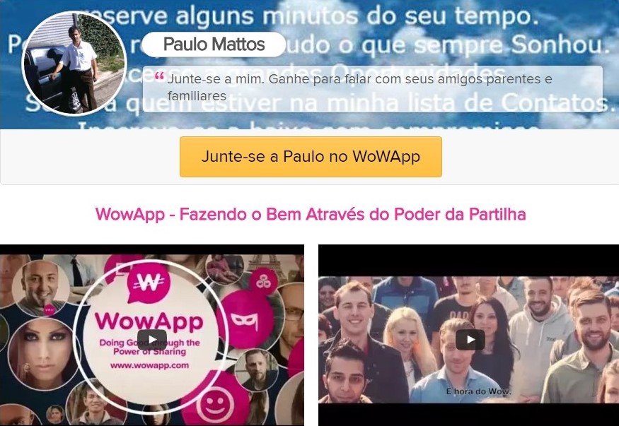 WowApp o Whatsapp que te paga e o melhor sem investir nada totalmente GRATUITO confira.  Tela do WowApp você vai instalar no computador e no celular se por algum motivo estiver sem celular,  da pra converssar no COMPUTADOR. Chamadas de VÍDEO, Audio VÓS E TEXTO.  Você vai receber um site personalizado e o controle é todo seu com todas  configurações necessárias para sua segurança podendo deixar seu perfil  no modo privado ou publico após seu cadastro você vai receber um link de confirmação  por gentileza verifique seu E-MAIL.  https://www.wowapp.com/w/paulomattos/Paulo-Mattos?  Após seu cadastro me chame no Chat se houver aluguma duvida  Mais informações visite o Blog.  https://trabalhonetaqui.blogspot.com.br/?