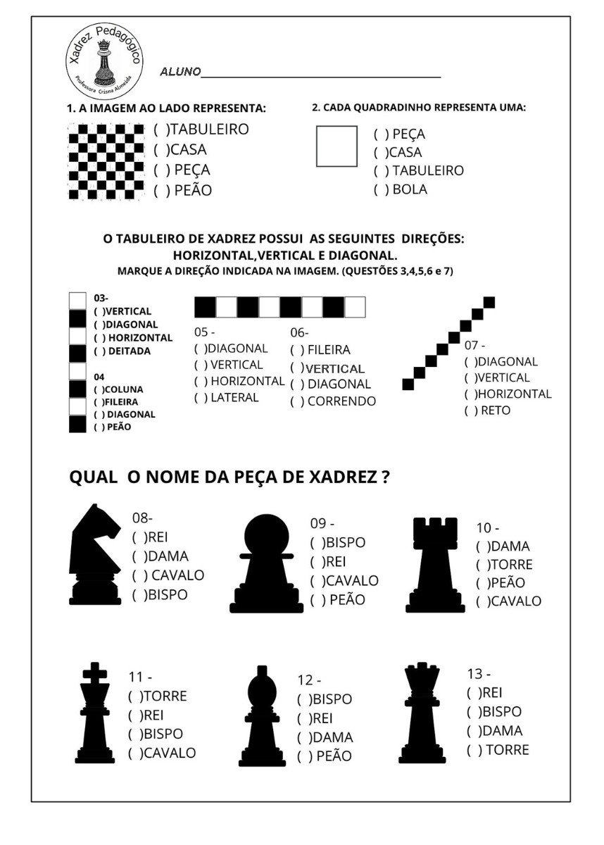 Complete a cruzadinha com os nomes das peças do jogo xadrez