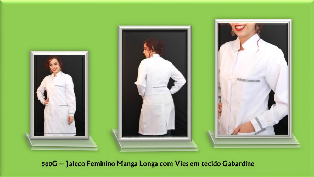 560G - Jaleco Feminino Manga Longa com Vies em Tecido Gabardine