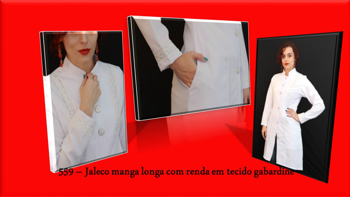 559G - Jaleco Feminino Manga Longa com Renda em Tecido Gabardine