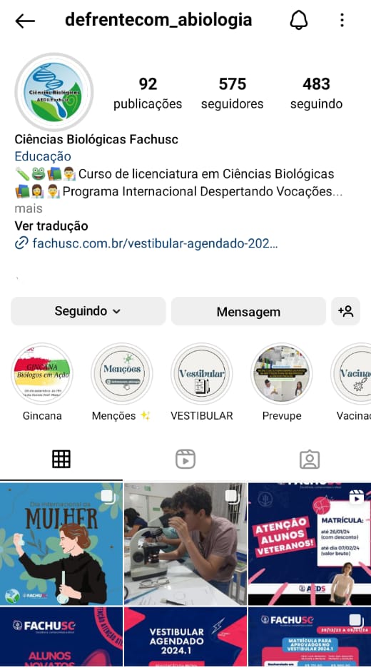 Perfil do curso no instagram