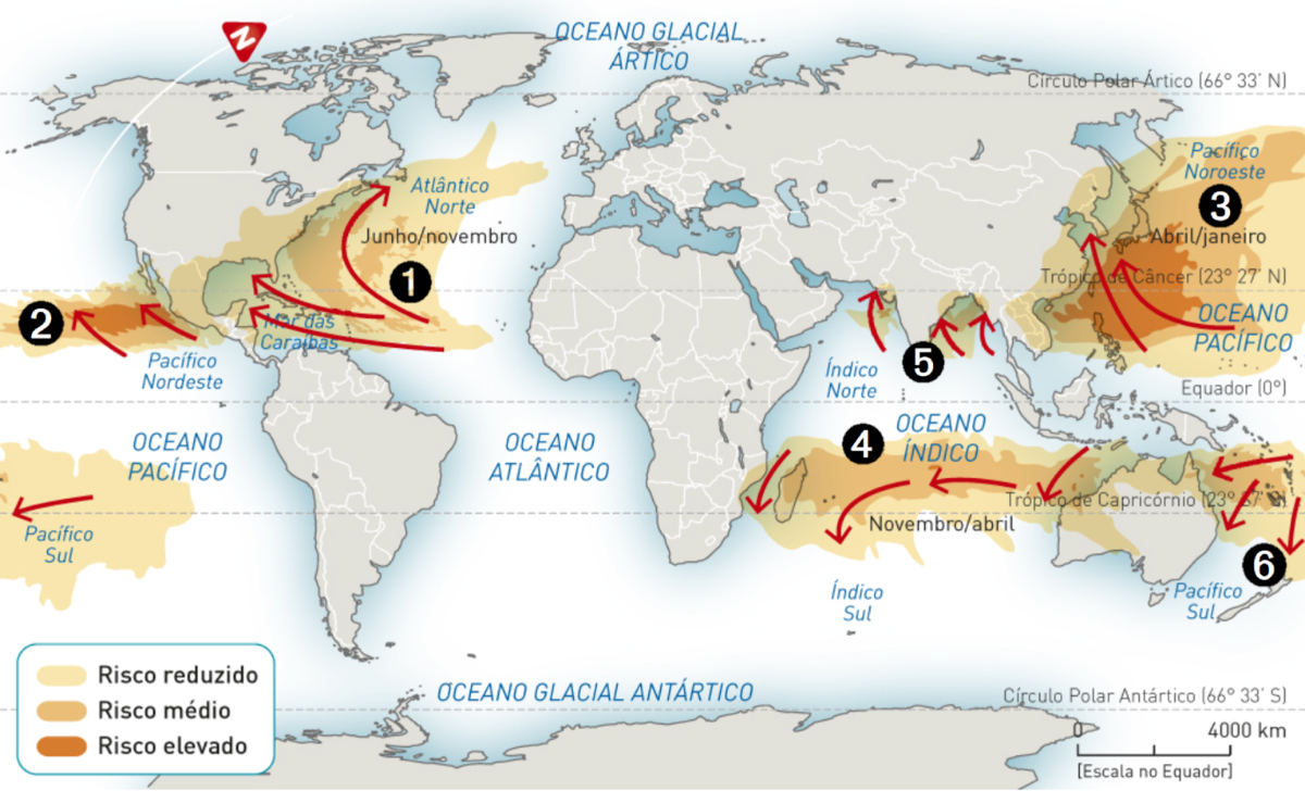 Áreas suscetíveis à ocorrência de ciclones tropicais.