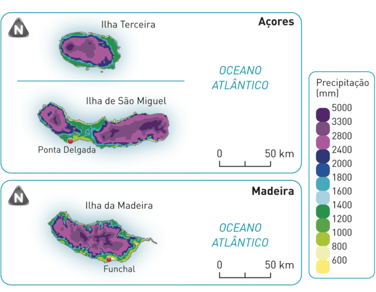 Distribuição da precipitação total anual (PTA) das ilhas Terceira e São Miguel (Arquipélago dos Açores) e da ilha da Madeira (Arquipélago da Madeira).