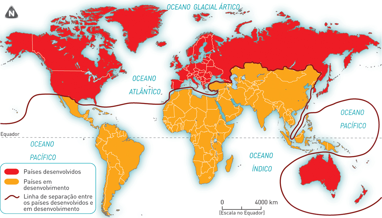 Localização dos Países Desenvolvidos ou “do Norte” e dos Países Em Desenvolvimento ou “do Sul”.