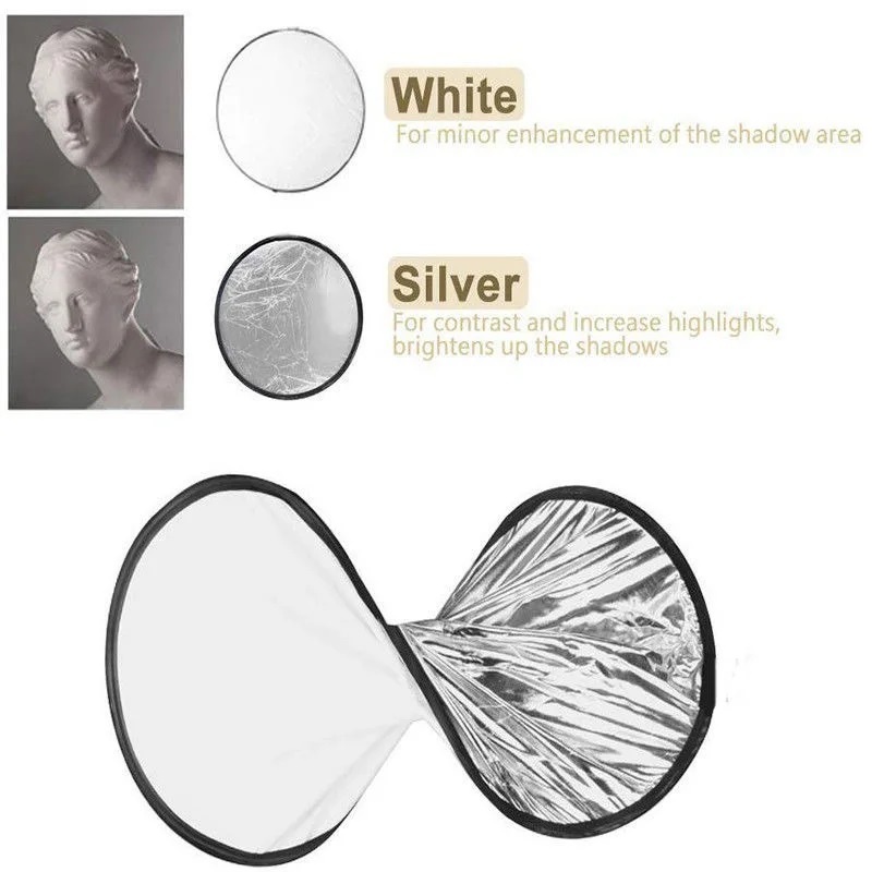 Refletor dobrável portátil, placa de luz portátil, 2 em 1, adequado para fotografia ao vivo, 80cm, prata, branco  R$ 100,00
