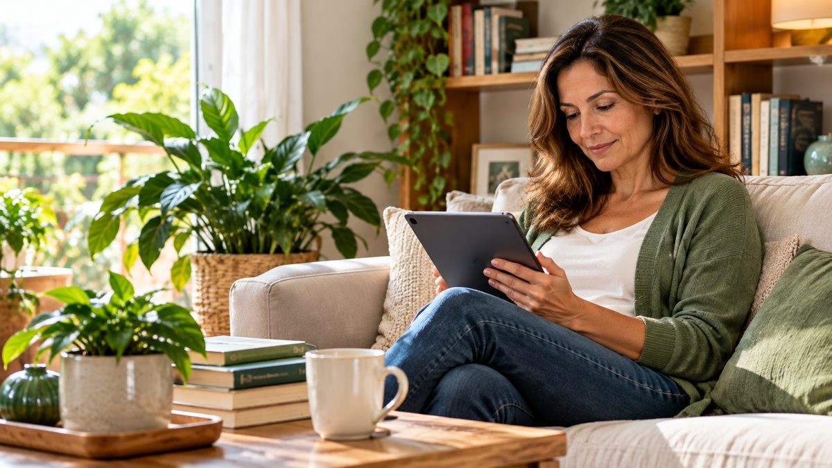 Mulher lendo um livro digital em um tablet