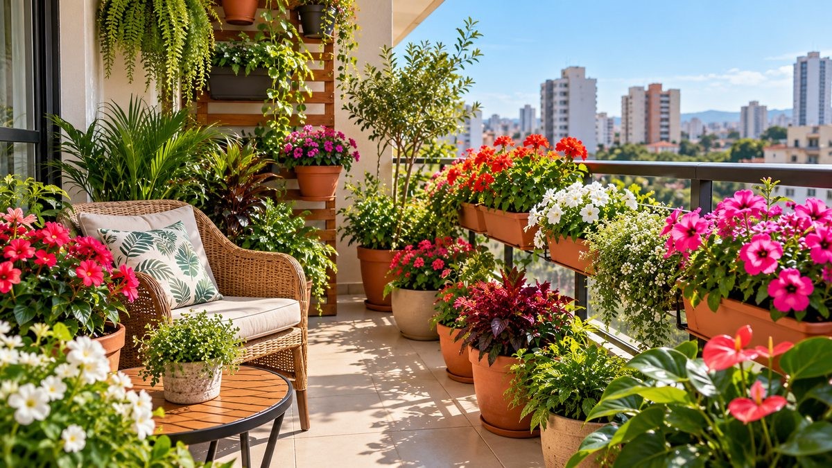 Jardim com flores em sacada de apartamento