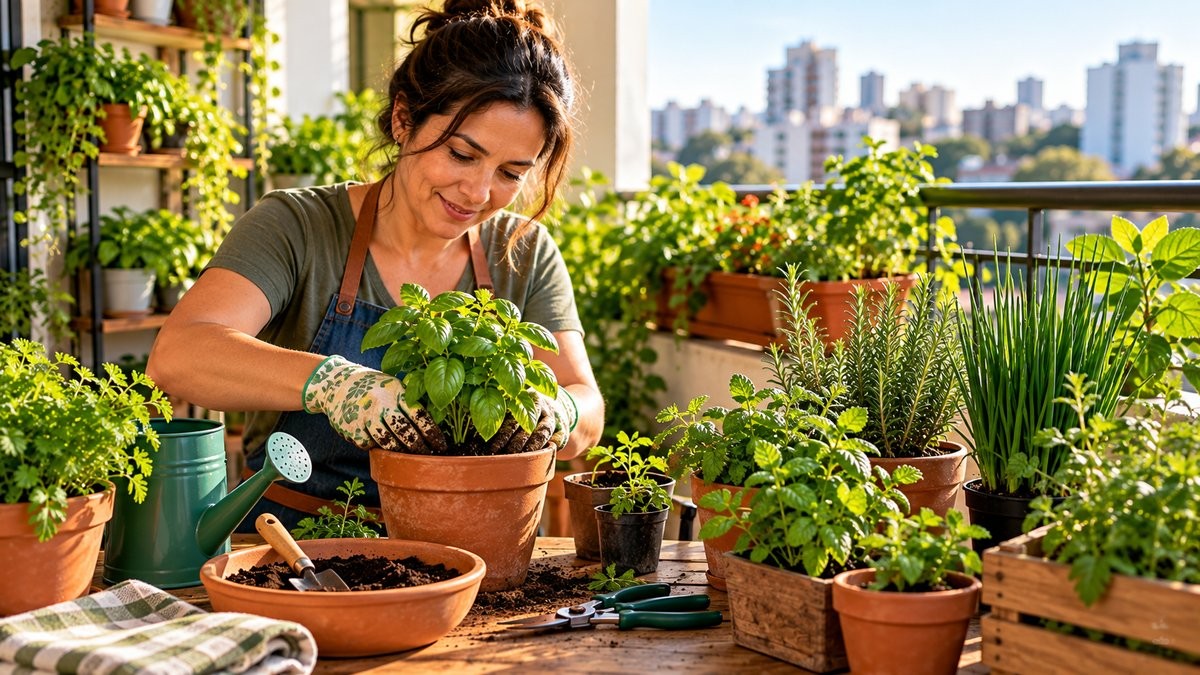 Mulher cultivando manjeric&atilde;o em vaso