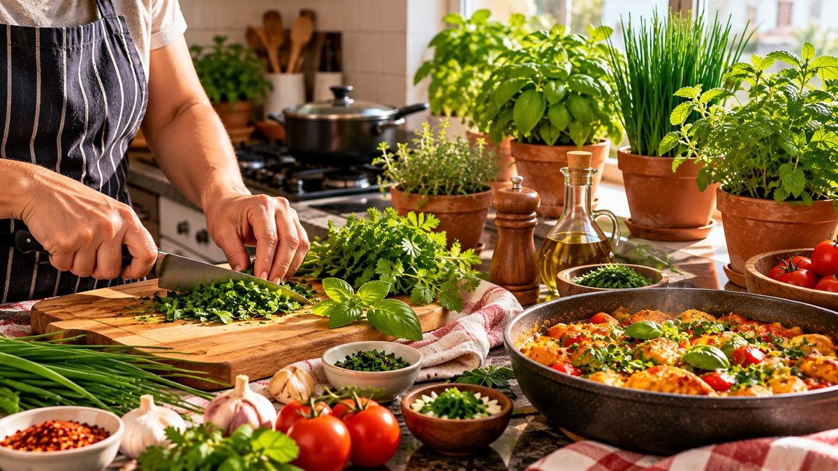Temperos frescos sendo utilizados na cozinha