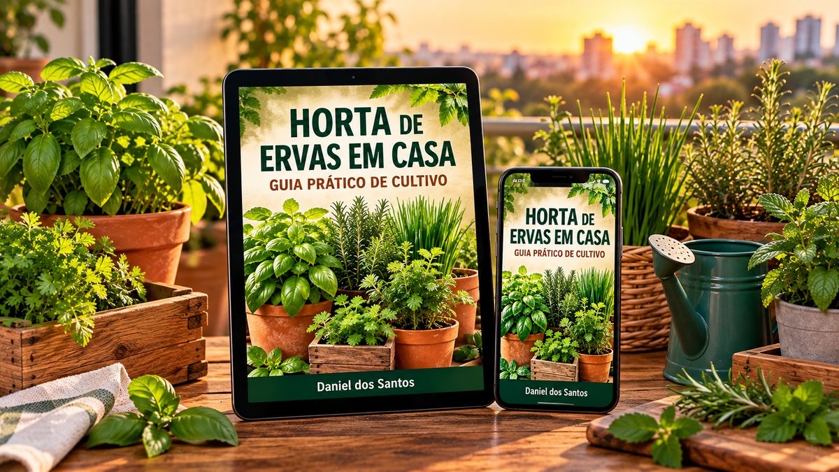 E-book Horta de Ervas em Casa apresentado em tablet e celular