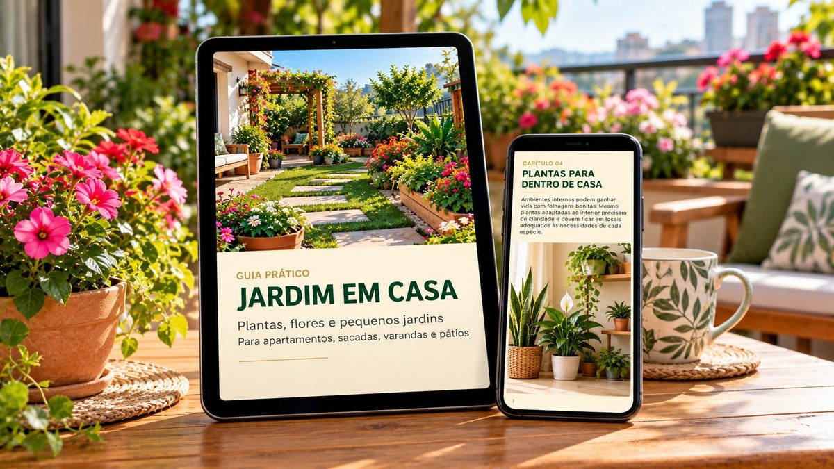 Livro digital Jardim em Casa apresentado em dispositivos eletrônicos