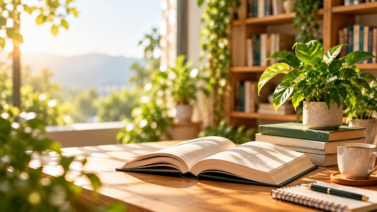 Livro aberto e plantas representando conhecimento e aprendizado