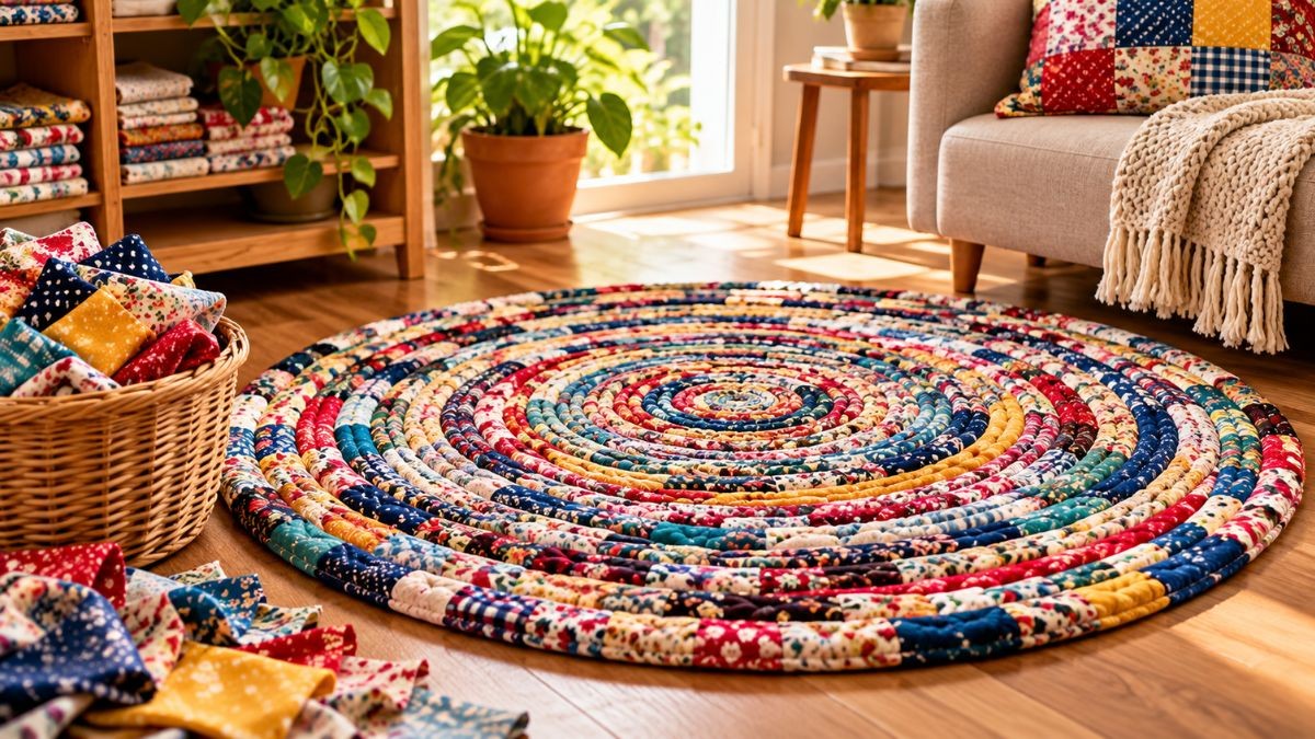 Tapete circular colorido produzido com tiras de tecido