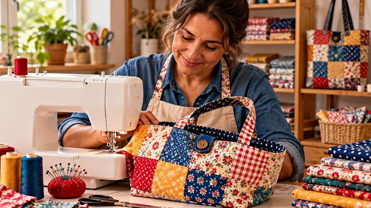 Artes&atilde; trabalhando em uma bolsa colorida de patchwork