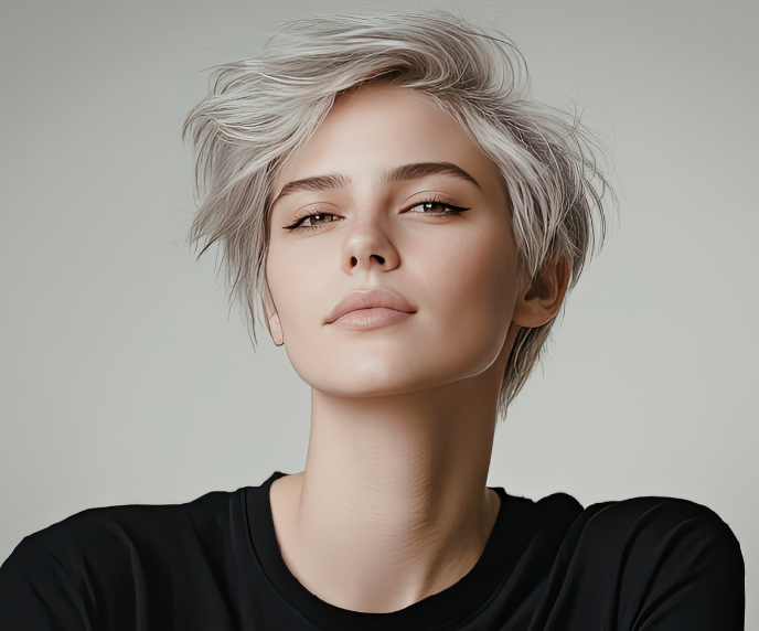 Foto de garota com cabelo curto branco