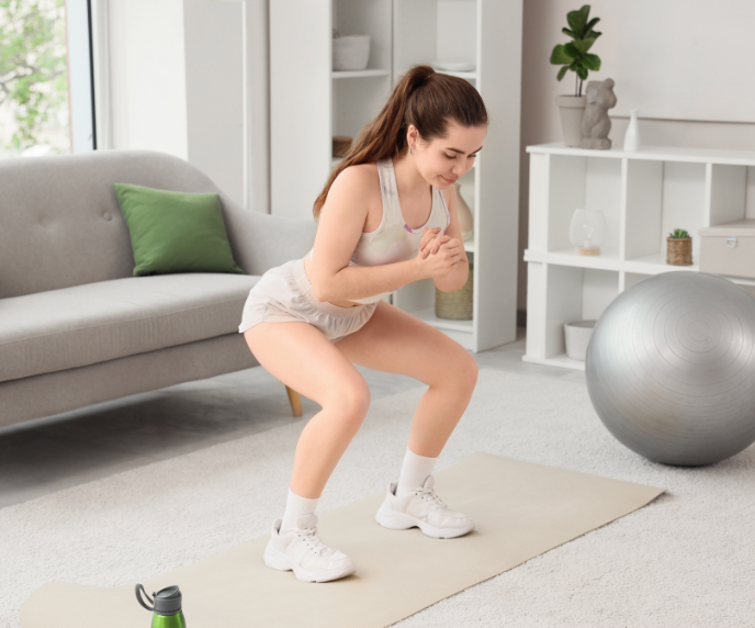 Foto de mulher fazendo exerc&iacute;cio em casa