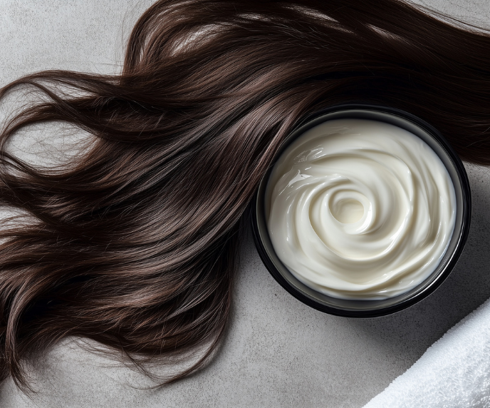 Foto de madeixa de cabelo castanho e pote de creme